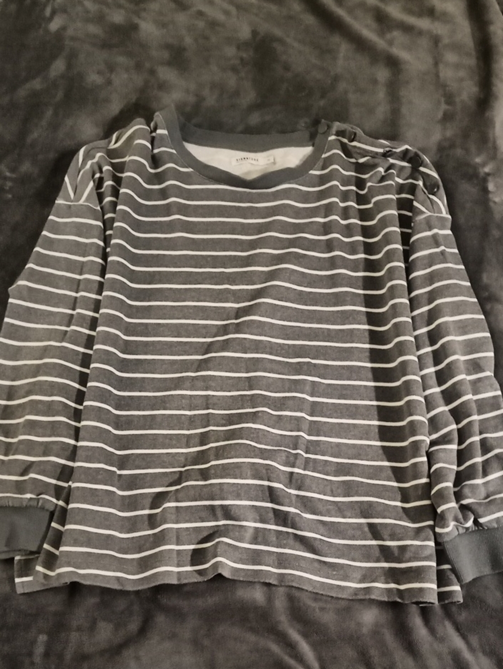 Reitmans Gray and White Striped Crewneck Sweater